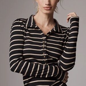 Pilcro Slim Button Down Striped Black and Cream Women's Medium Petite Top
